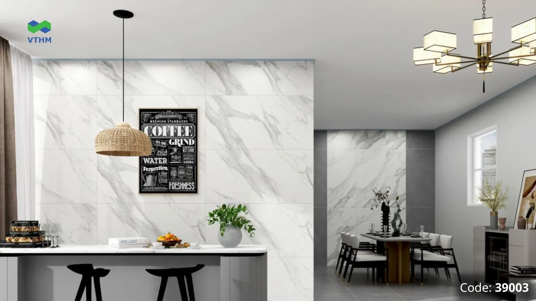 Gạch Vân Calacatta Khổ Lớn Nổi Bật Với Nền Trắng Sáng, Đường Vân Tương Phản Và Khả Năng Tạo Điểm Nhấn Sang Trọng Cho Không Gian